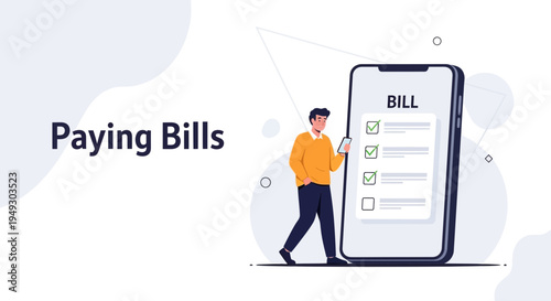 Man Paying Bills Online Using Mobile Phone, Digital Finance Concept