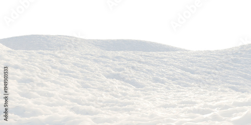 Rolling winter landscape covered with soft white snow forming smooth snowdrifts and frozen terrain. Minimal snowy environment isolated on transparent background, 3d rendering.