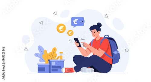 Young person with backpack using smartphone for online euro payments, financial transactions