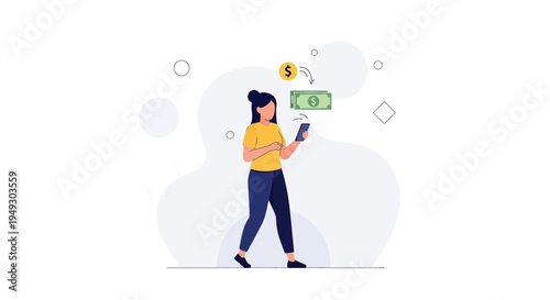 Woman Using Mobile Phone for Online Money Transfer and Payment