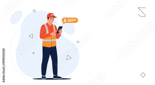 Delivery man in uniform using smartphone, receiving message, logistics concept