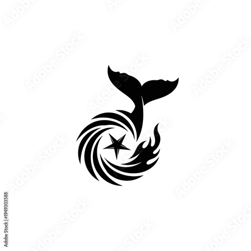 Abstract black and white whale tail logo with star and flame elements