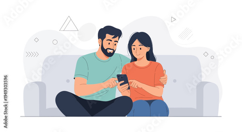Couple on Sofa Using Smartphone Together, Modern Flat Illustration