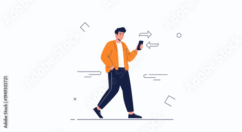 Man Walking with Smartphone, Arrows Indicate Data Transfer or Communication