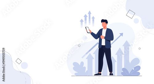Man with smartphone analyzing upward trending business growth charts with arrows