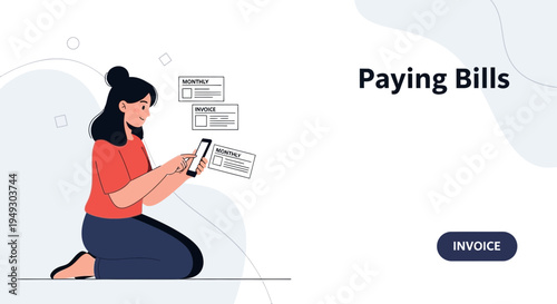 Woman Paying Bills Online Using Mobile Phone, Invoice Management Concept