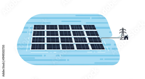 Floating solar panel array on serene water surface with power line and tower in background, minimalist modern renewable energy concept