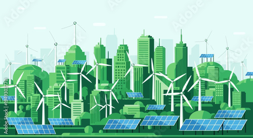 Futuristic eco-friendly cityscape with wind turbines, solar panels, and green buildings, representing sustainable urban planning and renewable energy solutions, in a vibrant digital illustra