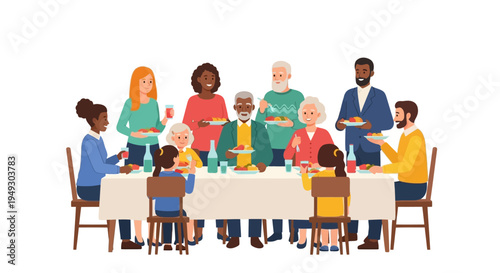 Diverse Multigenerational Family Gathering for Dinner. Happy Group of People Sharing a Meal and Celebrating Togetherness. Modern Flat Vector Illustration.