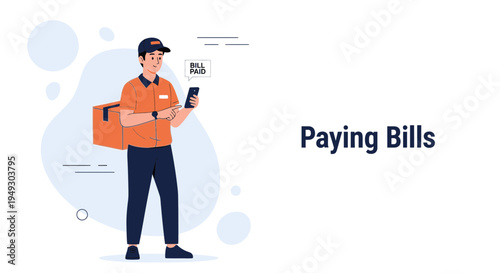 Delivery Man Paying Bills Online Using Mobile Phone with "Bill Paid" Notification