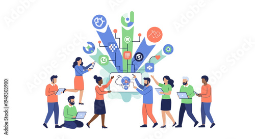 Diverse Team Collaborating on Data Analysis, Digital Strategy & Business Solutions Flat Vector