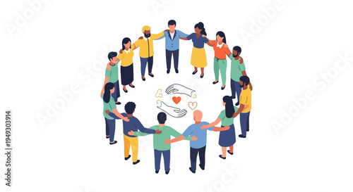 Diverse Community Unity Circle - Global Teamwork, Support, and Inclusion Illustration with Empathy Hands and Heart