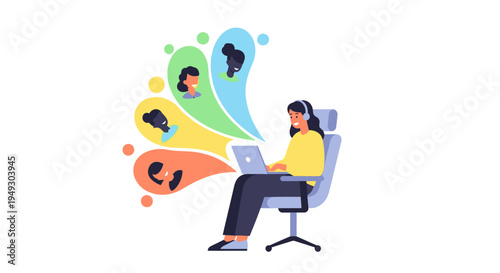 Remote Work and Online Communication: Woman with Headphones on Laptop Connecting to Diverse Virtual Team