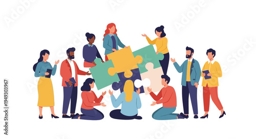 Diverse Business Team Collaboration Building Puzzle: Problem Solving, Partnership, Strategy, and Innovation