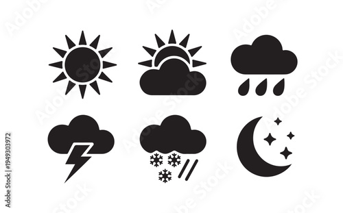 Weather forecast icon set with sun clouds rain snow storm and crescent moon symbols design