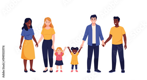 Diverse Families with Same-Sex Parents and Children Holding Hands - Inclusive Love, Unity & Equality Vector Illustration