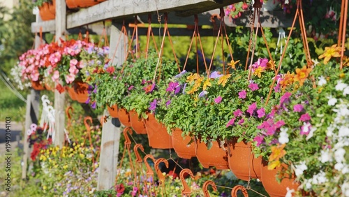 Colorful hanging flower pots decorating a flower shop