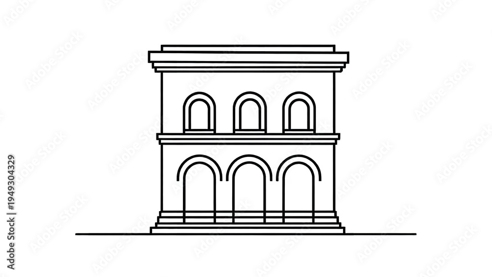 Fototapeta premium Classic architectural illustration of a two story building with arches and columns on white background