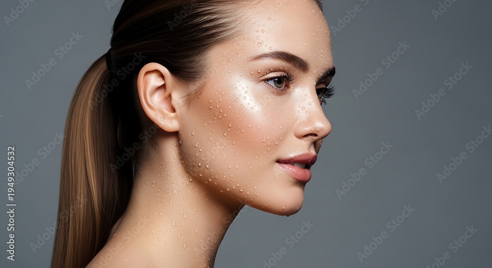 Naklejka premium Profile of a young woman with dewy skin and ponytail, against a gray background