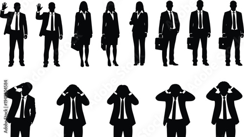 Set of business people silhouettes in professional suits including stressed managers with hands on head and corporate workers waving hello