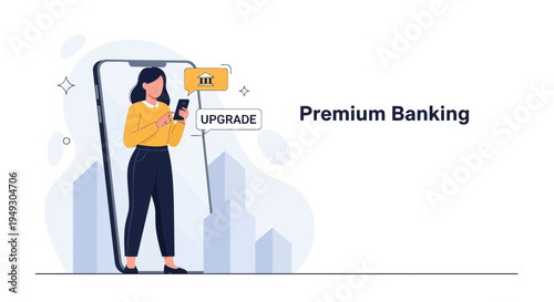 Woman Upgrading Banking App on Smartphone with Premium Banking Concept