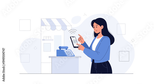 Woman Paying With Smartphone at Store Checkout Using NFC Technology