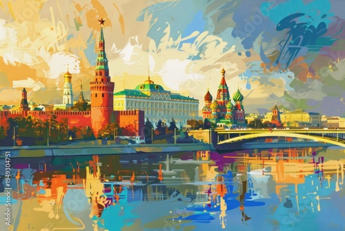 Artistic illustration of Moscow, Russia - Kremlin and The Cathedral of Vasily the Blessed
