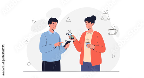 People using smartphones for contactless payment and ordering coffee