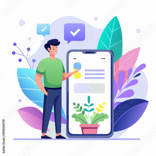 Man using mobile app for plant care gardening smartphone application