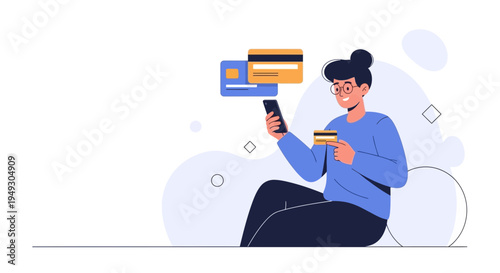 Woman Using Mobile Phone and Credit Card for Online Shopping and Payments
