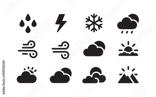 Minimalist weather condition symbols including mountain sunset clouds wind and rain drops