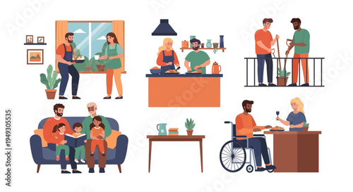 Diverse Modern Families & Couples: Daily Home Life Activities - Cooking, Reading, Gardening, and Inclusive Moments Illustration