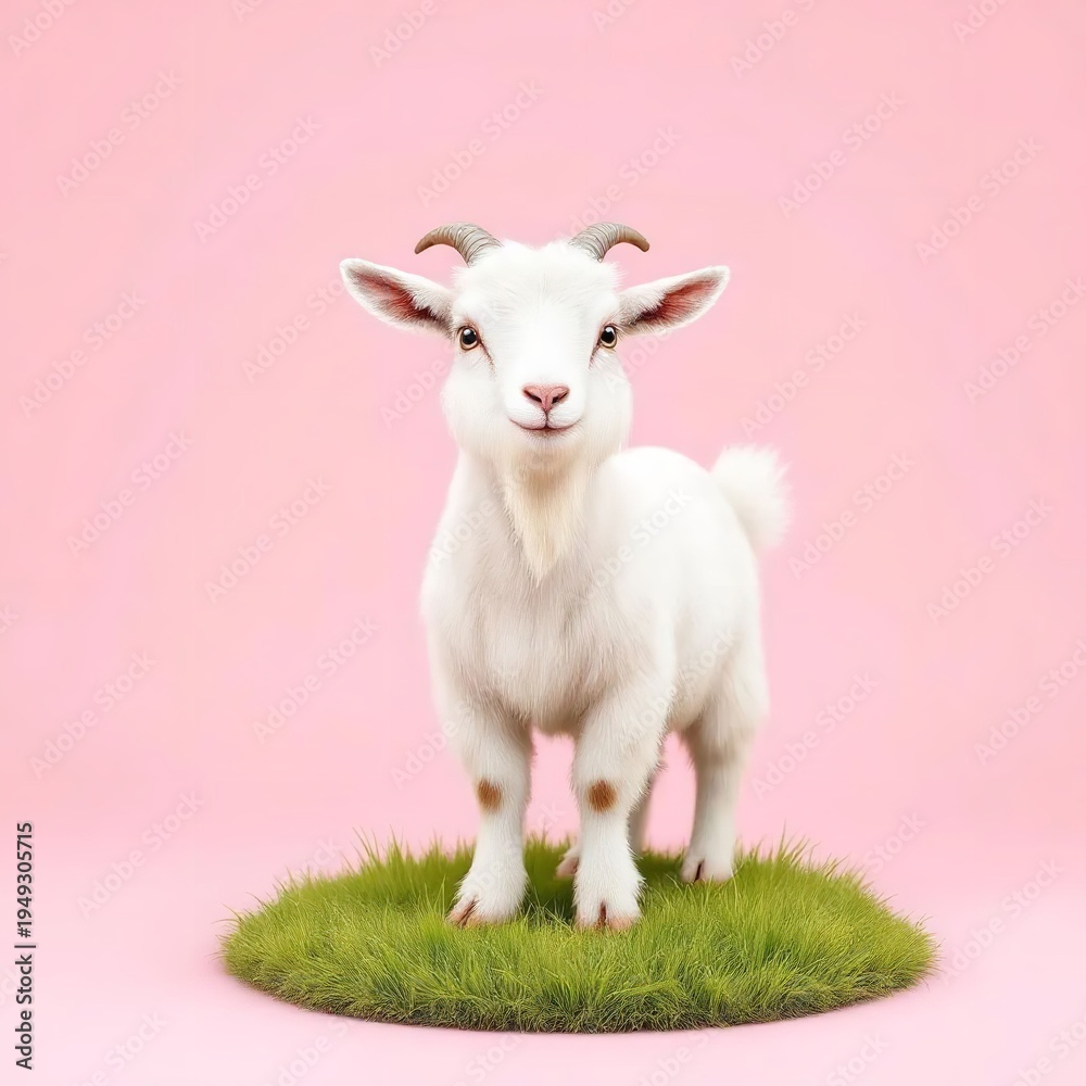 Obraz premium Adorable white baby goat standing on green grass patch against soft pink background