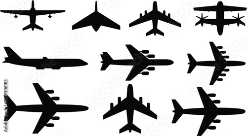 Collection of airplane vector silhouettes featuring various commercial and private aircraft for travel and logistics design.
