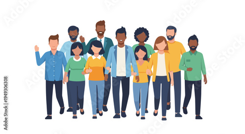 Diverse Group of People Walking Together - Community, Teamwork, and Social Inclusion Illustration