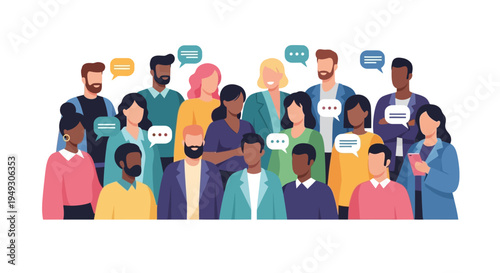 Diverse Group Communication & Social Network. Flat vector illustration of various people with speech bubbles representing online discussion, community & interaction.