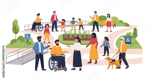Inclusive Park Community: Diverse People with Disabilities, Wheelchairs, Guide Dog, Ramps. Promoting Accessibility and Social Integration.