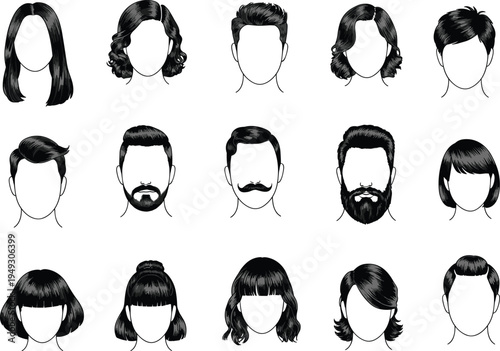 Men and women hairstyles and haircuts vector icon set featuring bearded male faces and female hair fashion for salon branding.
