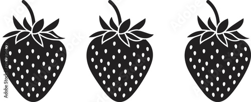 Three black and white illustrated strawberries with seeds and green leaves on a white background