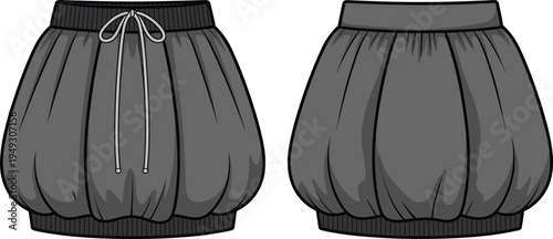 Black balloon mini skirt vector illustration, front and back view fashion design template, women casual clothing mockup with drawstring waistband detail