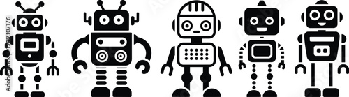 Black robot silhouette icon set featuring vintage and modern toy bots for artificial intelligence technology and future mechanical science design.