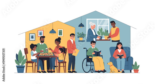 Diverse People Enjoying Home Life & Hobbies: Family, Community, & Inclusive Well-being in Modern Households