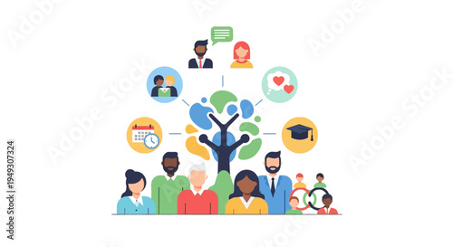 Holistic Community Growth & Personal Development Concept. Diverse Group of People Connected to Knowledge, Communication, Time Management, and Relationships via a Brain Tree.