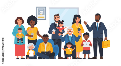 Diverse Community Portrait: Happy Multi-Generational Families & Professionals, Inclusive Group Illustration