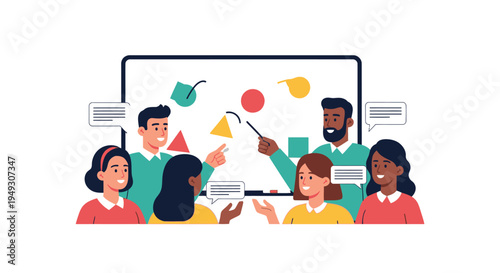 Modern Education: Diverse Group Collaborates on Digital Whiteboard Learning