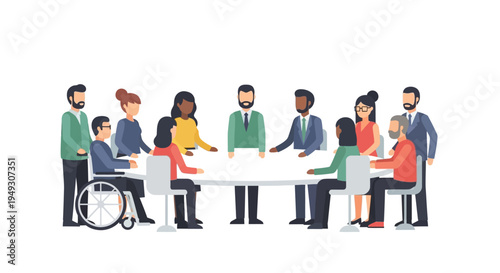 Diverse Team Meeting: Inclusive Business Professionals Collaborating Around Conference Table - Vector Illustration