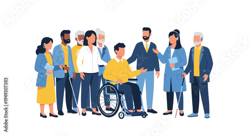 Diverse Group of Inclusive Adults: Multi-ethnic, Multigenerational People with Disabilities Promoting Equality, Accessibility, and Community Support.