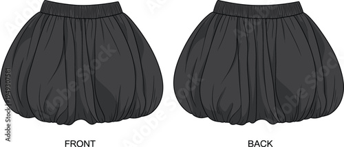 Black balloon skirt vector illustration, front and back view fashion design template, modern women clothing mockup, stylish gathered mini skirt apparel