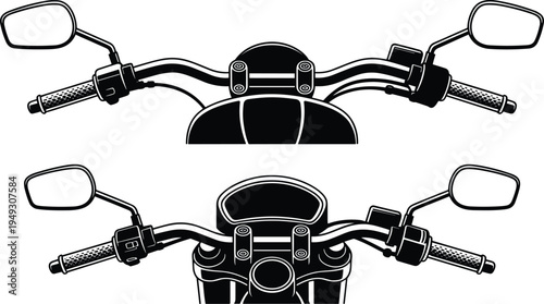 Motorcycle handlebar silhouette from rider POV, black and white view with mirrors, grips, controls, and front suspension, biker perspective vector illustration (19 words)