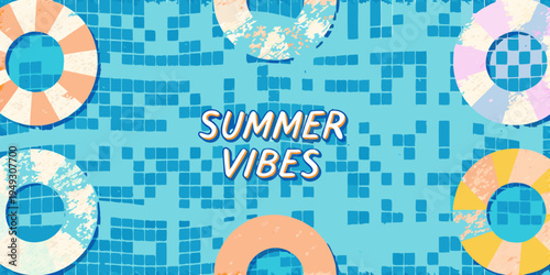 Colorful summer scene featuring pool floats and the text summer vibes